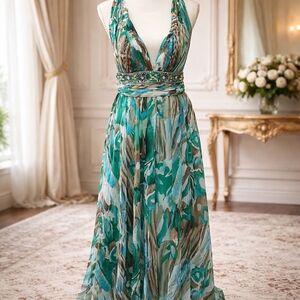 Dave & Johnny Teal and Aqua Floral Halter Maxi Dress - PROM DRESS